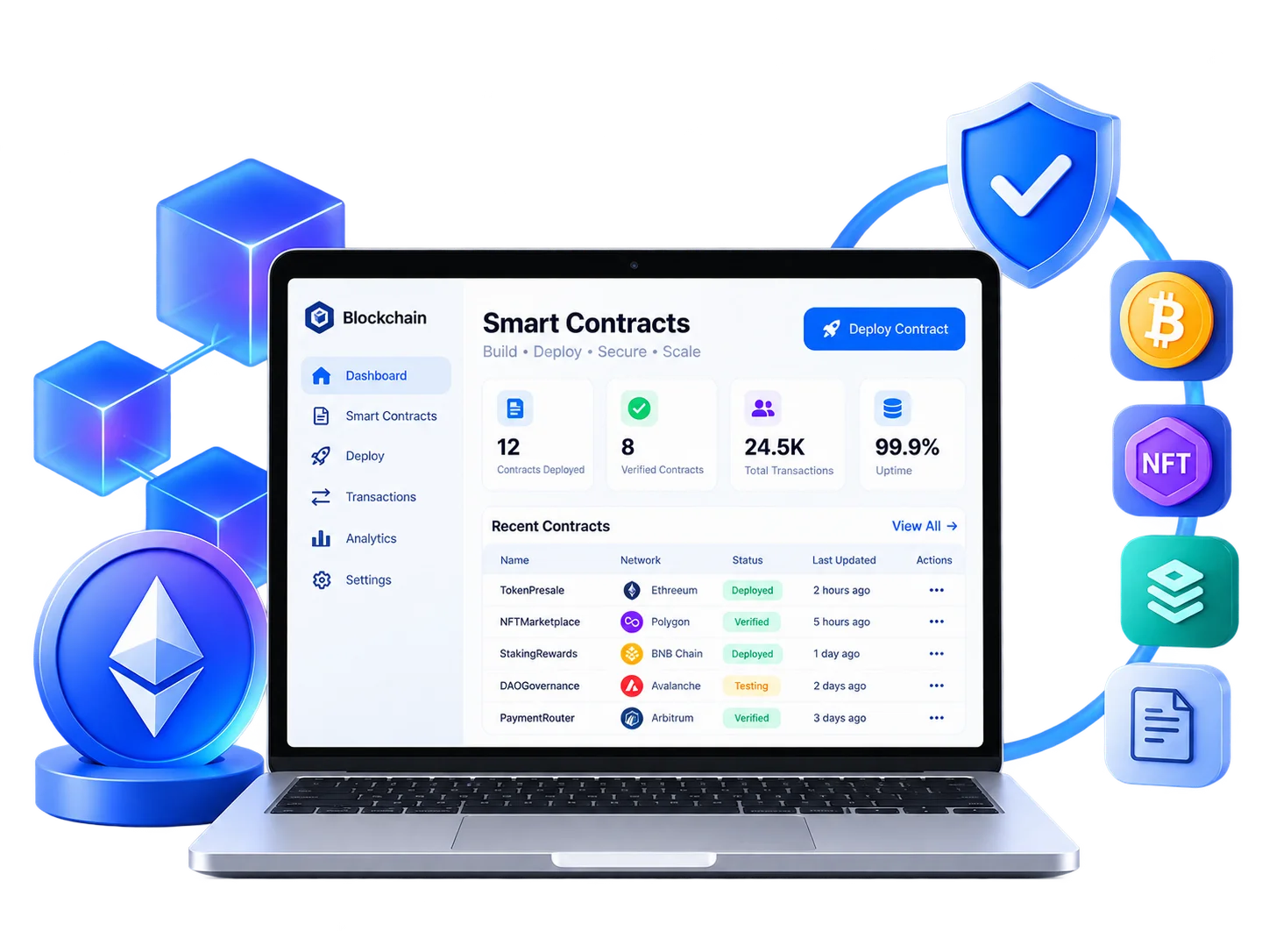 Smart contract management dashboard on a laptop surrounded by blockchain blocks and an Ethereum coin