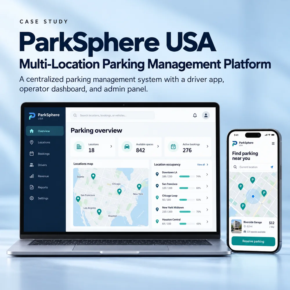 ParkSphere USA parking overview dashboard with a location map and a driver app