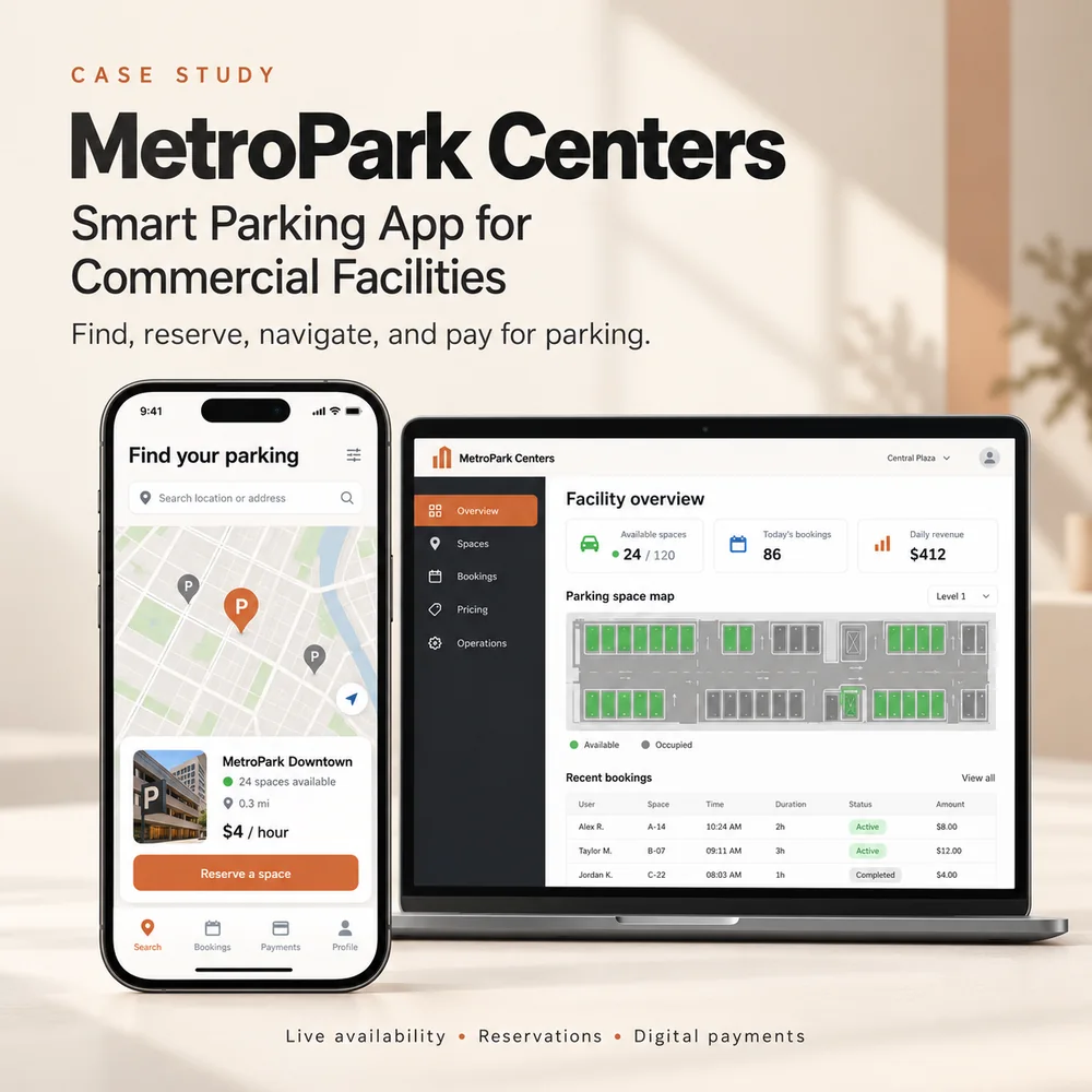 MetroPark Centers parking finder app beside a facility overview dashboard