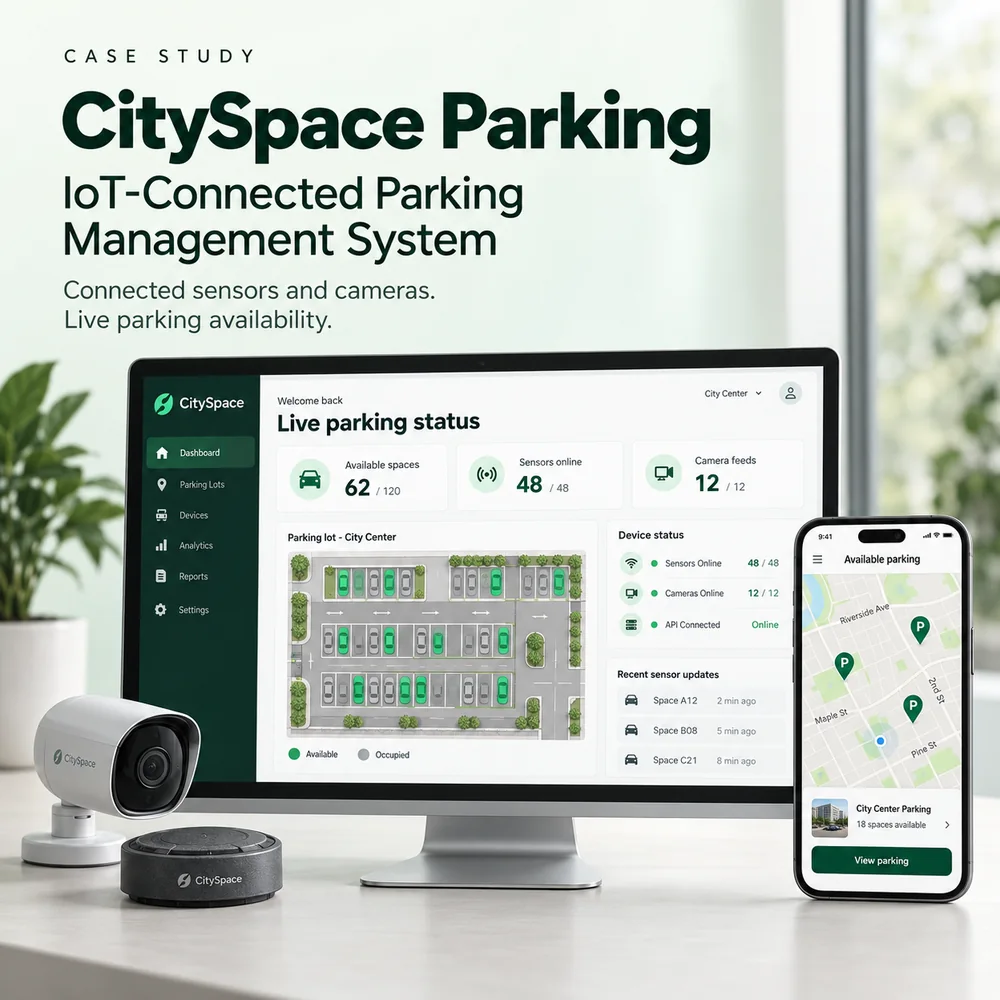 CitySpace live parking status dashboard with a camera, a sensor and a mobile app
