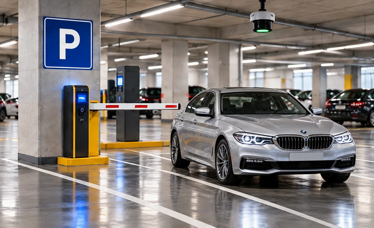 Smart parking garage with a parked car and a P sign