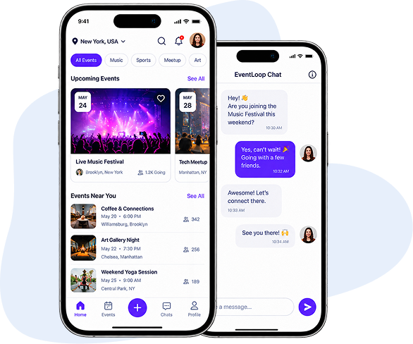 EventLoop app screens showing the event feed and in-app chat