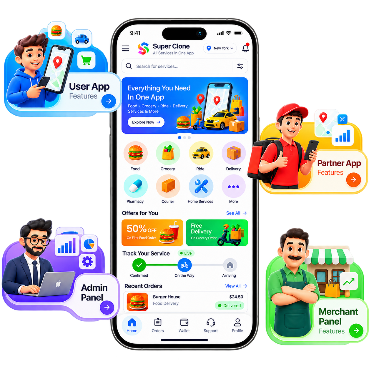Super app panels running on a phone