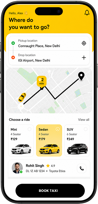 Taxi booking app screens for booking, tracking and payment