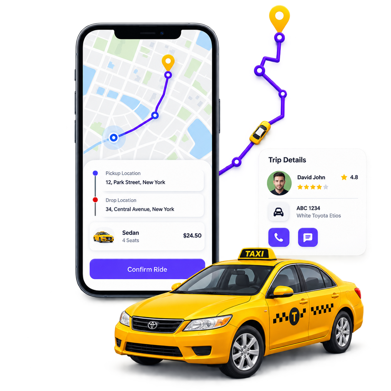 Passenger app showing a live trip with driver details